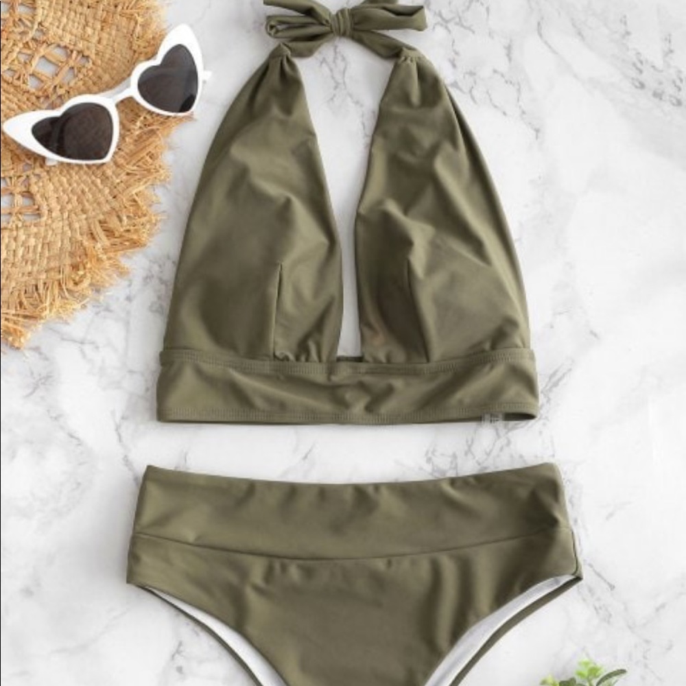 NWT Zaful Army Green Halter High-Waist Bikini